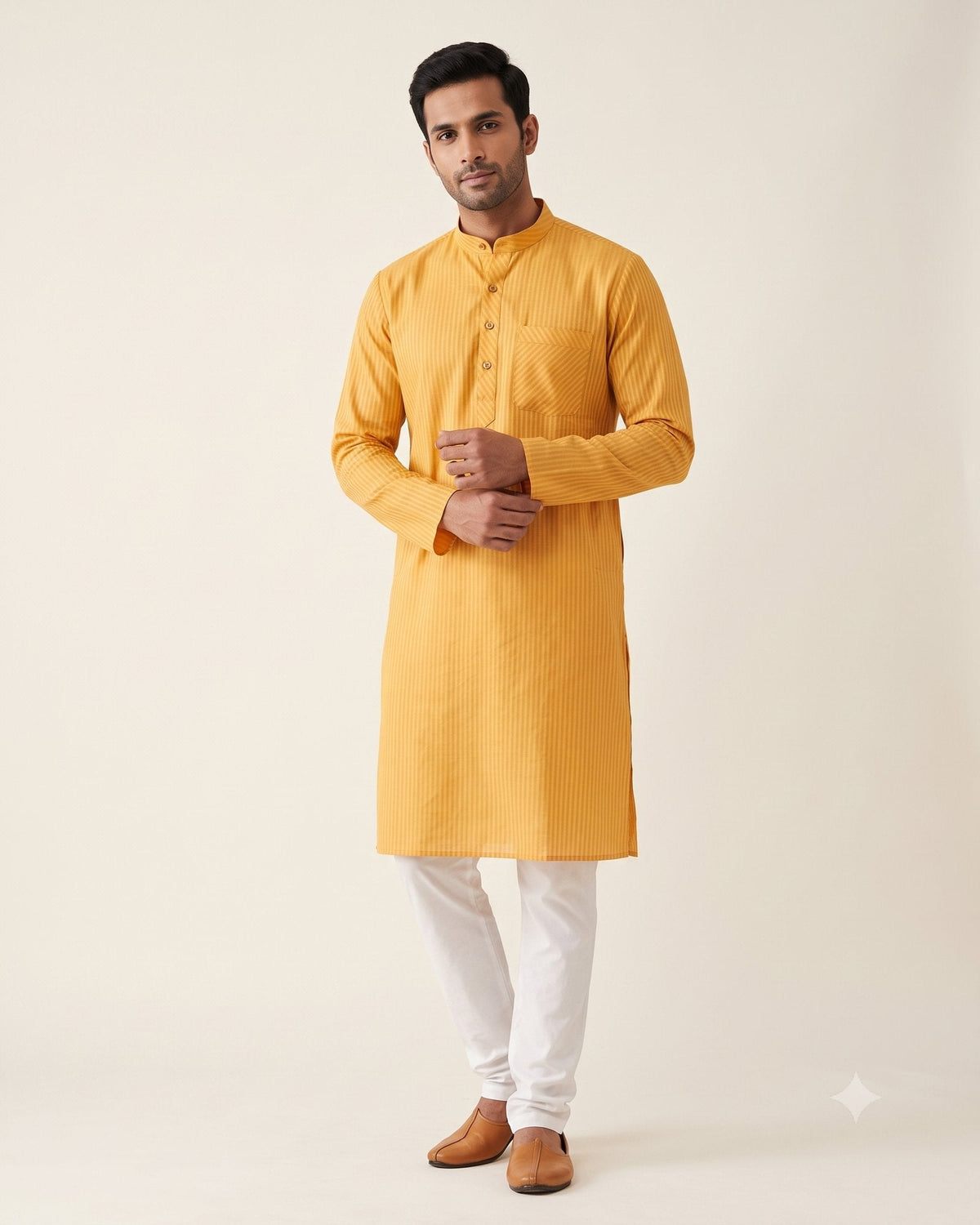 Golden marigold self-stripe kurta pajama for a haldi function