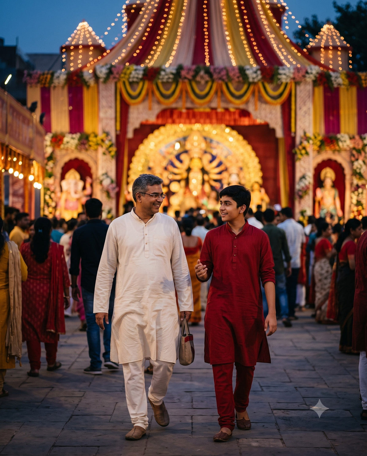 Father and son pandal hopping at Durga Puja in Delhi