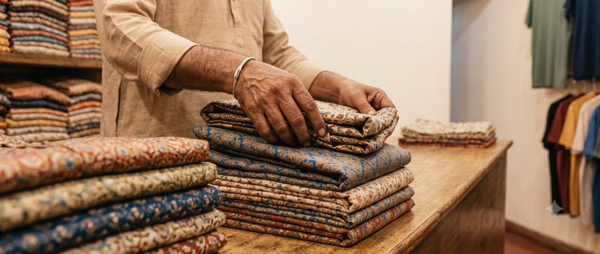 Inside the Everwel kurta shop, hands folding fabric