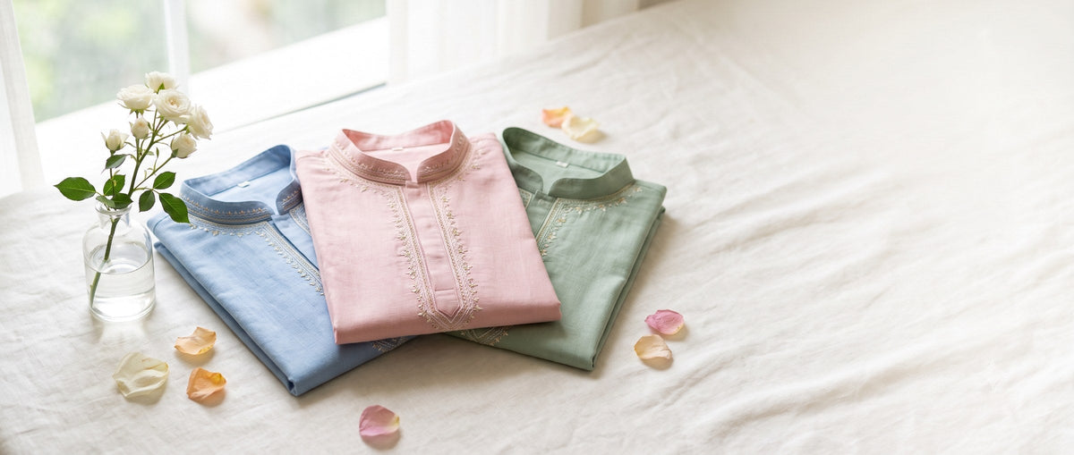Pastels collection banner: powder blue, blush pink and mint kurtas on ivory linen