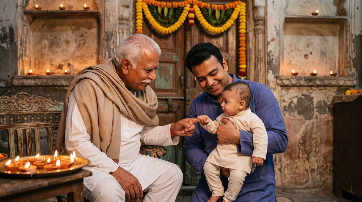 A grandfather offers his finger to his baby grandson, dressed in his first ivory kurta, on the family's Diwali evening