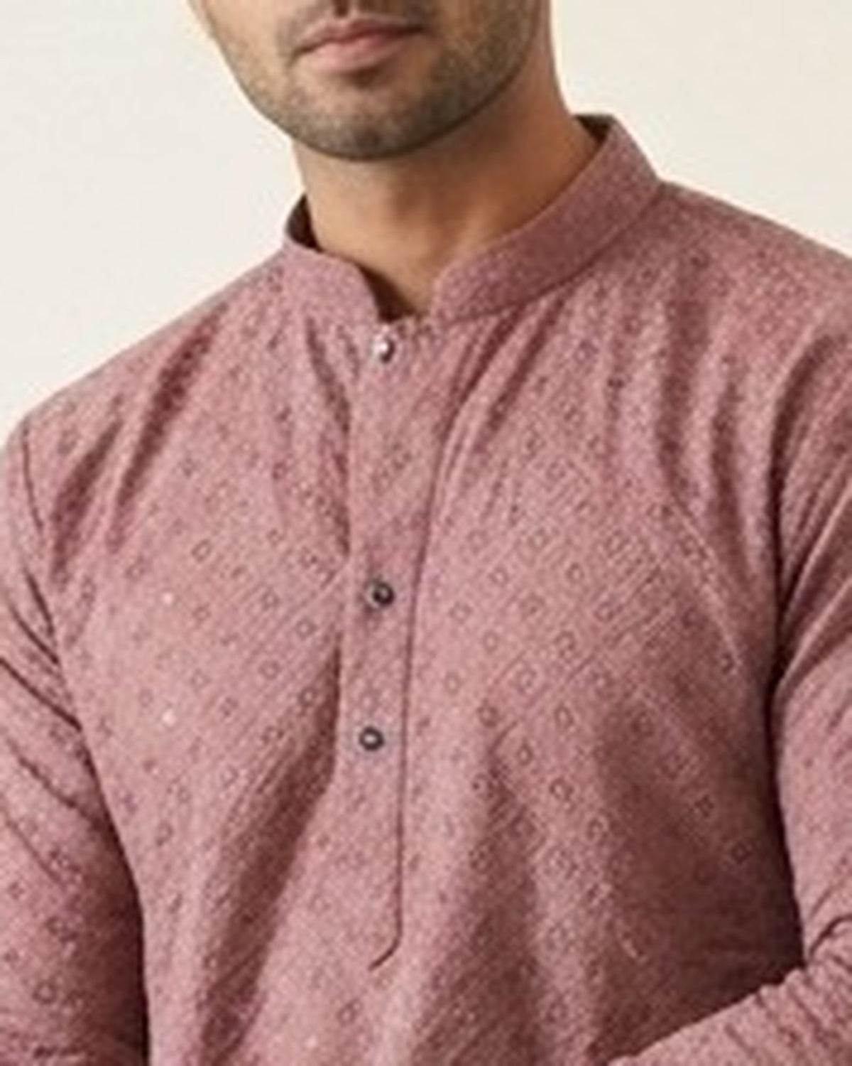 Mauve chikankari-style kurta for men, collar and placket close-up