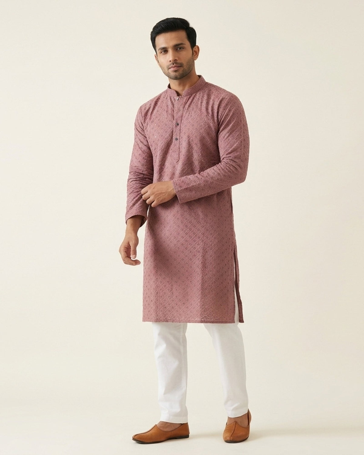 Mauve chikankari-style kurta pajama for men, front view, full length