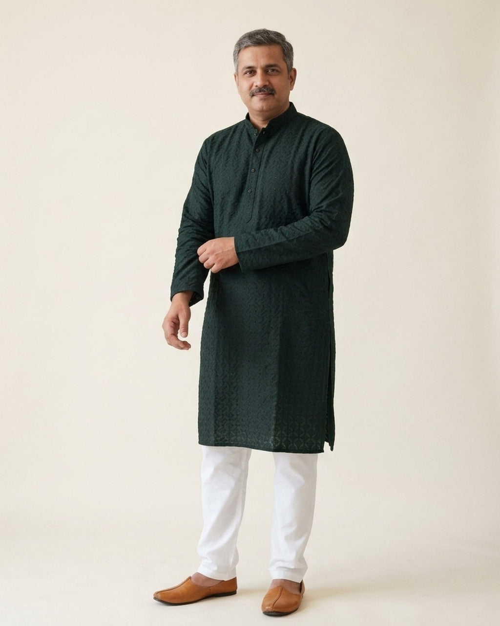 Bottle green chikankari-style kurta pajama for men, front view, full length