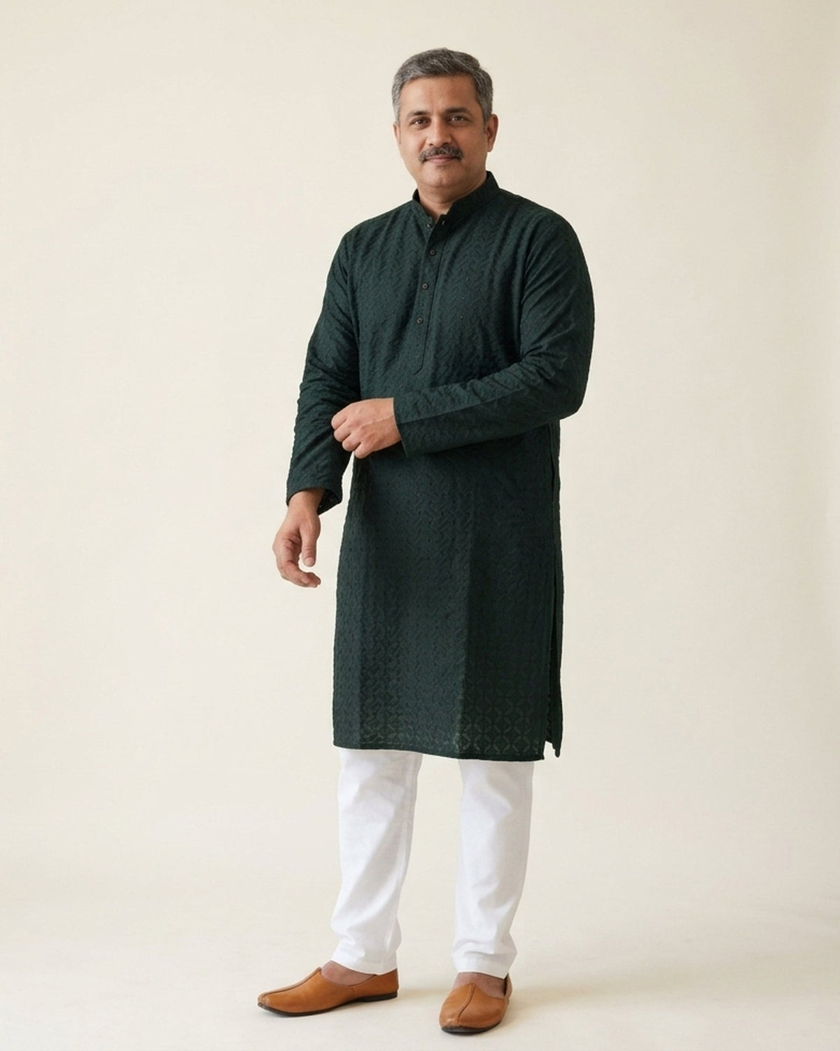 Bottle green chikankari-style kurta pajama for men, front view, full length
