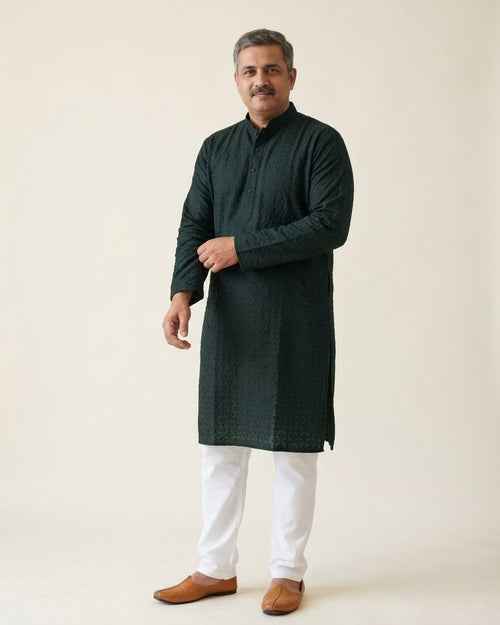Bottle green chikankari-style kurta pajama for men, front view, full length