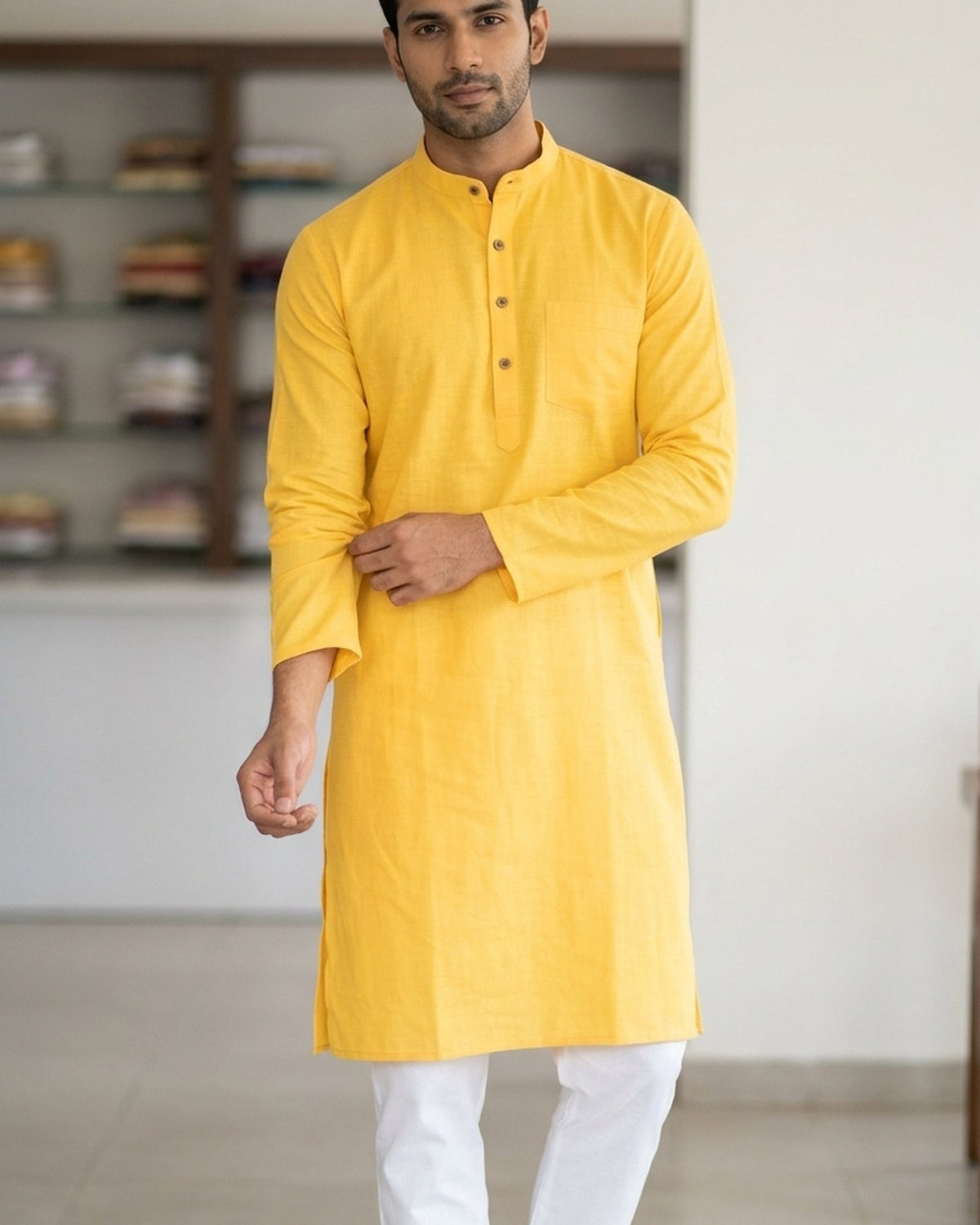 Bright yellow solid kurta pajama for men, front view, full length
