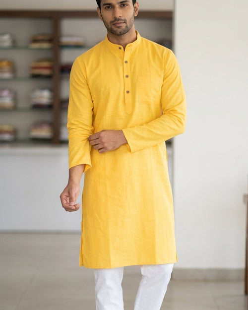 Bright yellow solid kurta pajama for men, front view, full length