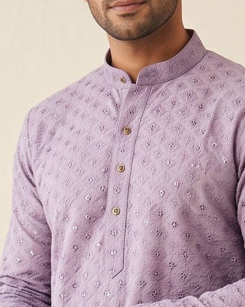 Lilac thread and sequin kurta for men, collar and placket close-up
