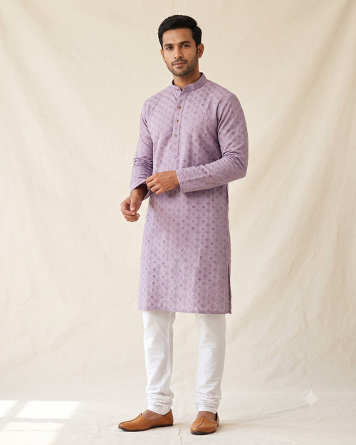 Lilac thread and sequin kurta pajama for men, front view, full length