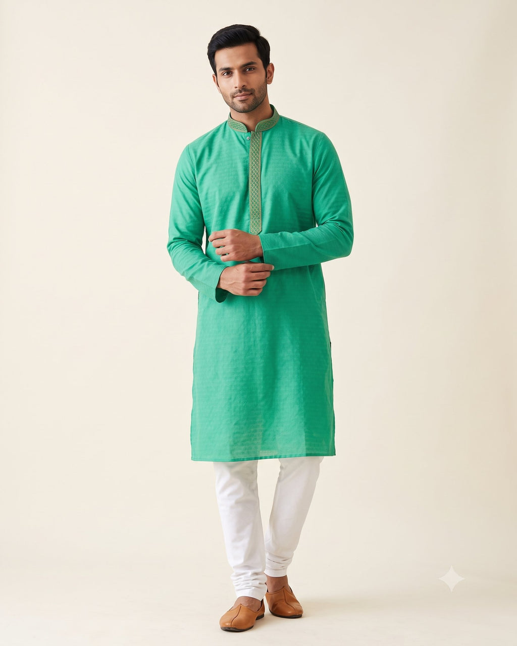Emerald Green kurta pajama set for men, front view, full length