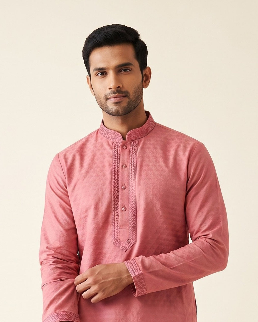 Dusty Rose Pink kurta pajama set for men, collar and placket close-up