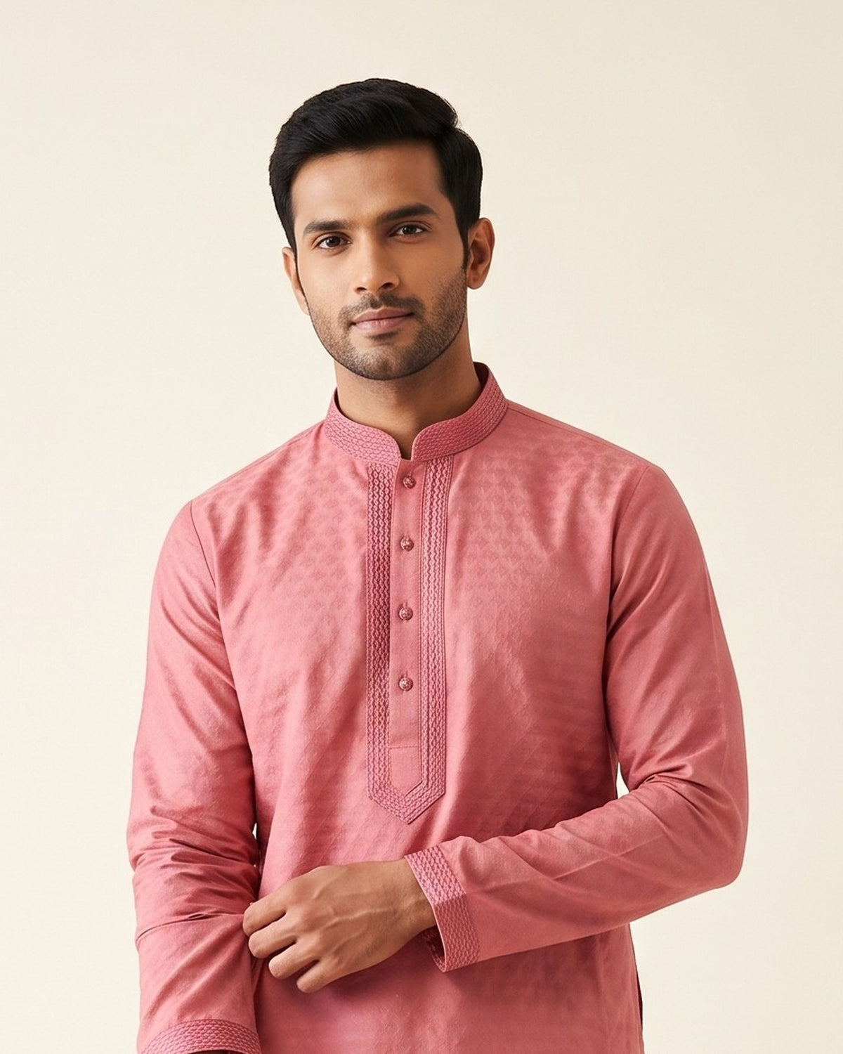 Dusty Rose Pink kurta pajama set for men, collar and placket close-up