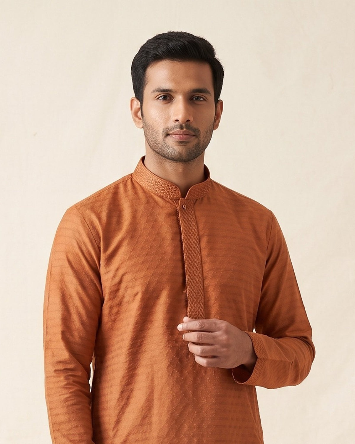 Rust Copper kurta pajama set for men, collar and placket close-up