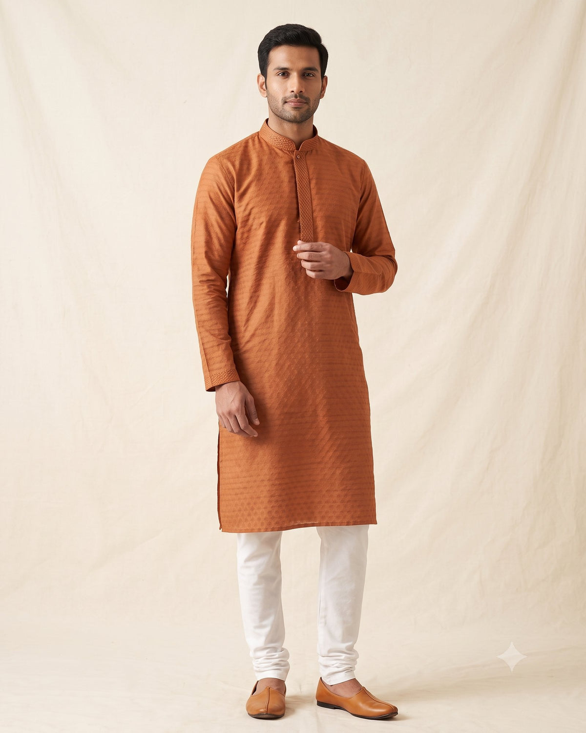 Rust Copper kurta pajama set for men, front view, full length