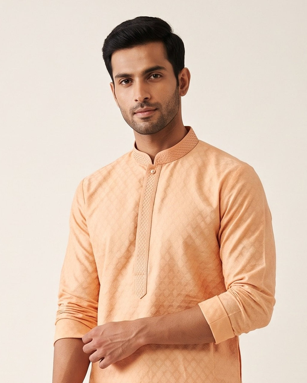 Peach kurta pajama set for men, collar and placket close-up
