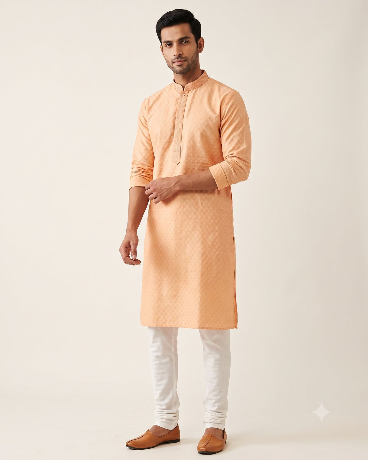 Peach kurta pajama set for men, front view, full length