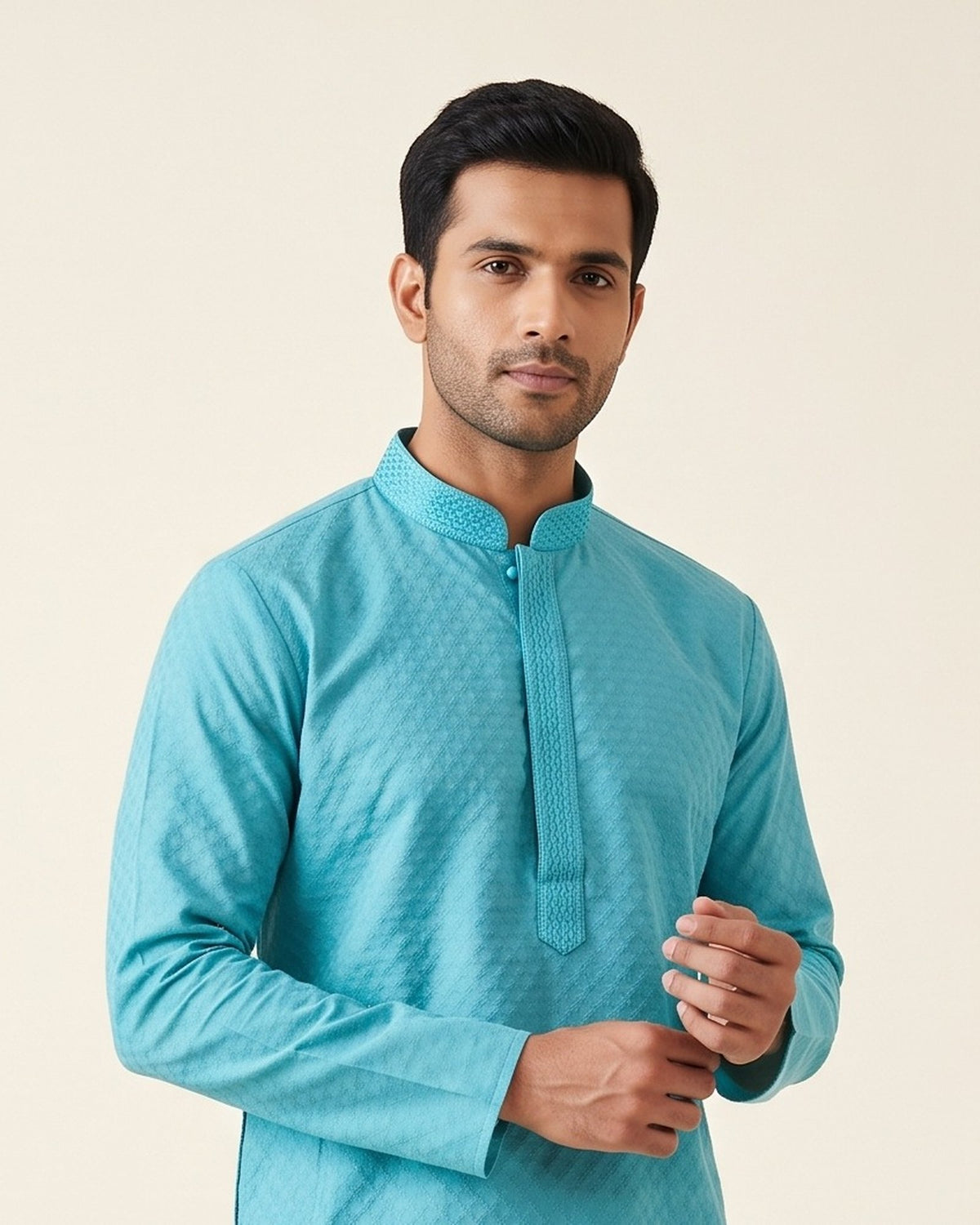 Cyan Turquoise kurta pajama set for men, collar and placket close-up