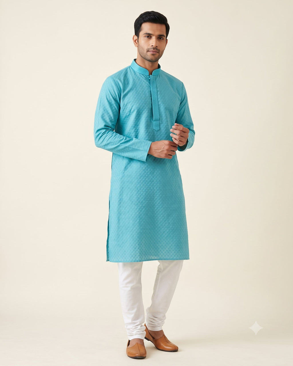 Cyan Turquoise kurta pajama set for men, front view, full length