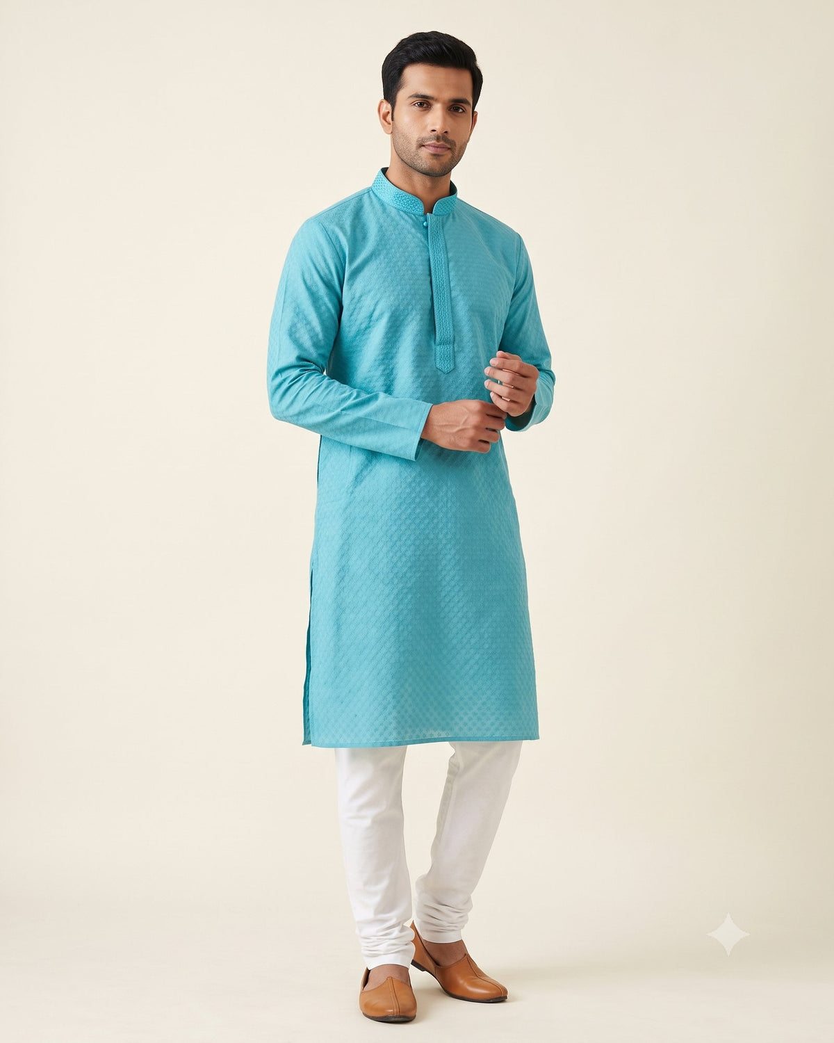 Cyan Turquoise kurta pajama set for men, front view, full length