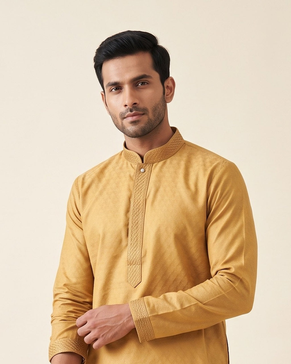 Golden Mustard kurta pajama set for men, collar and placket close-up