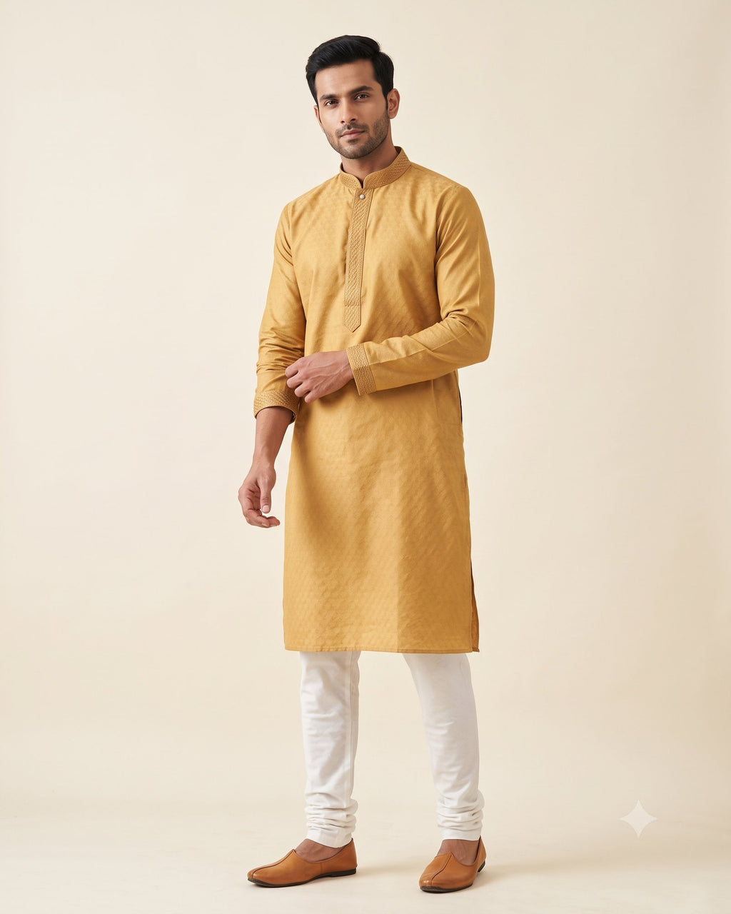 Golden Mustard kurta pajama set for men, front view, full length