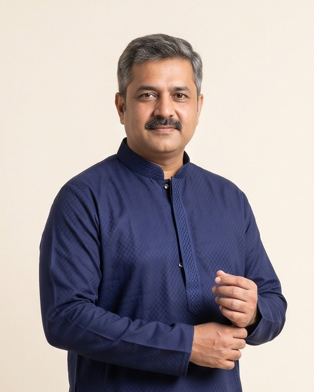 Navy kurta pajama set for men, collar and placket close-up