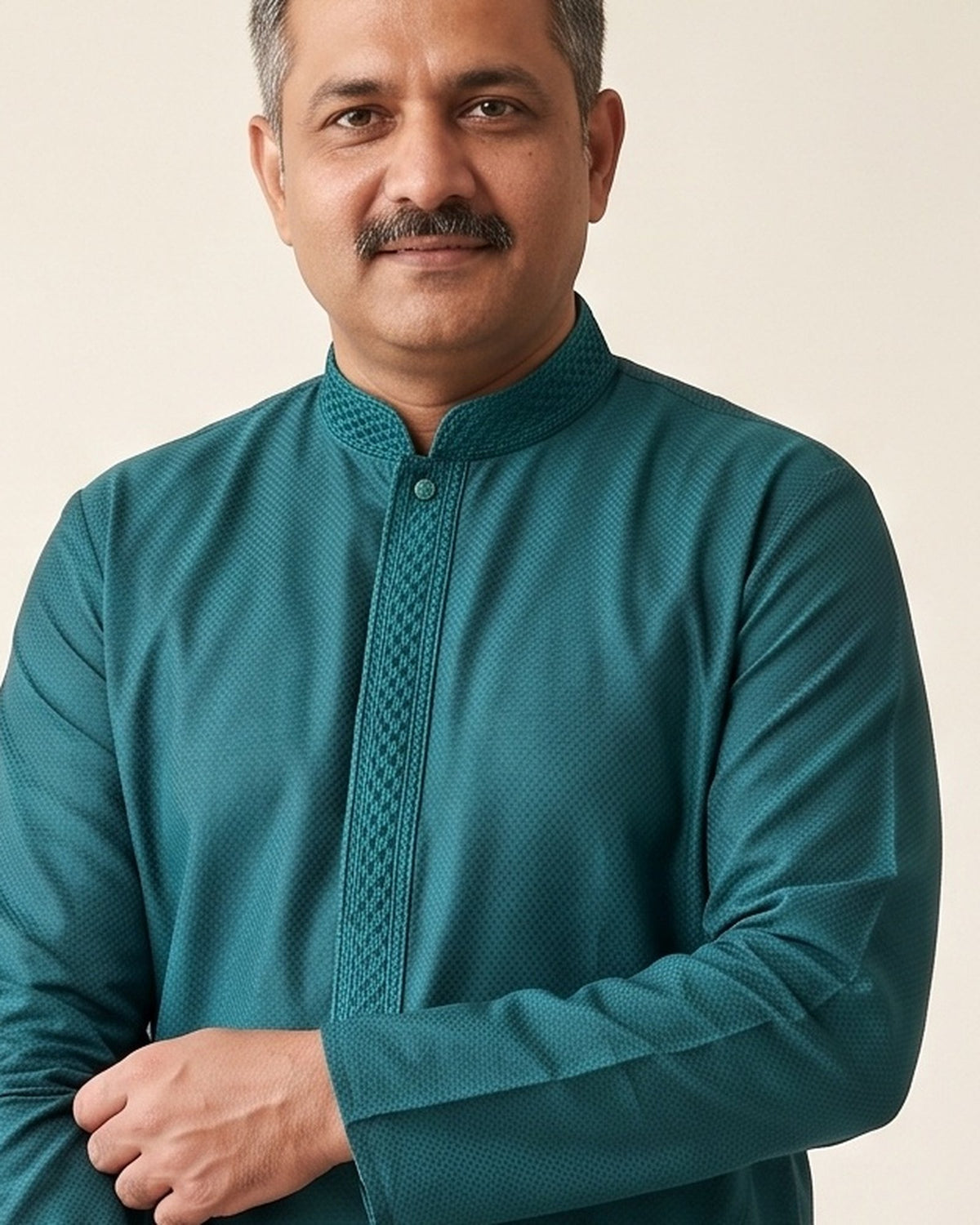Deep Teal kurta pajama set for men, collar and placket close-up