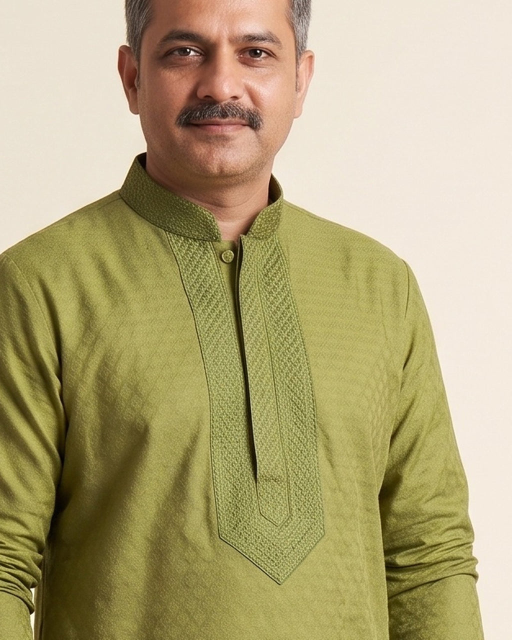 Olive Green kurta pajama set for men, collar and placket close-up