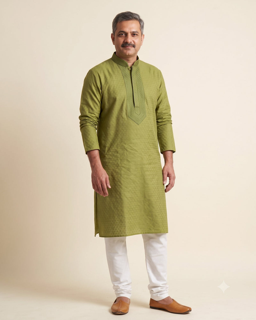 Olive Green kurta pajama set for men, front view, full length