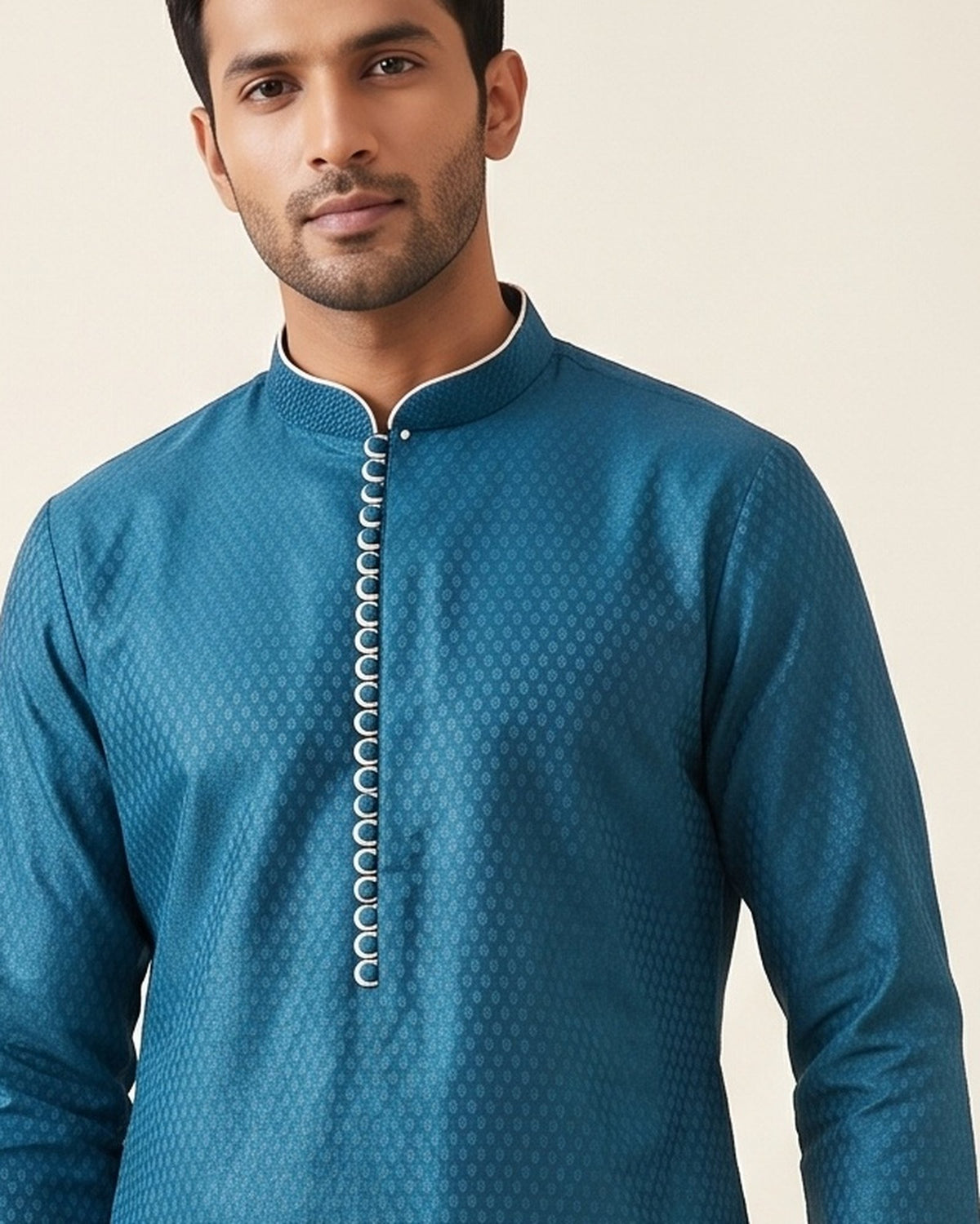 Deep Teal kurta pajama set for men, collar and placket close-up