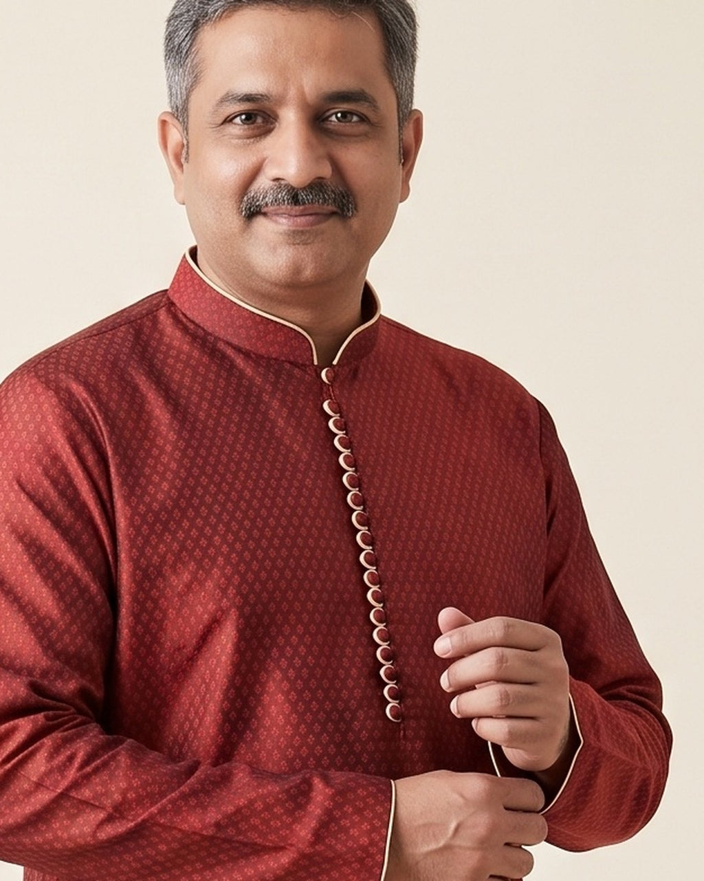 Maroon kurta pajama set for men, collar and placket close-up
