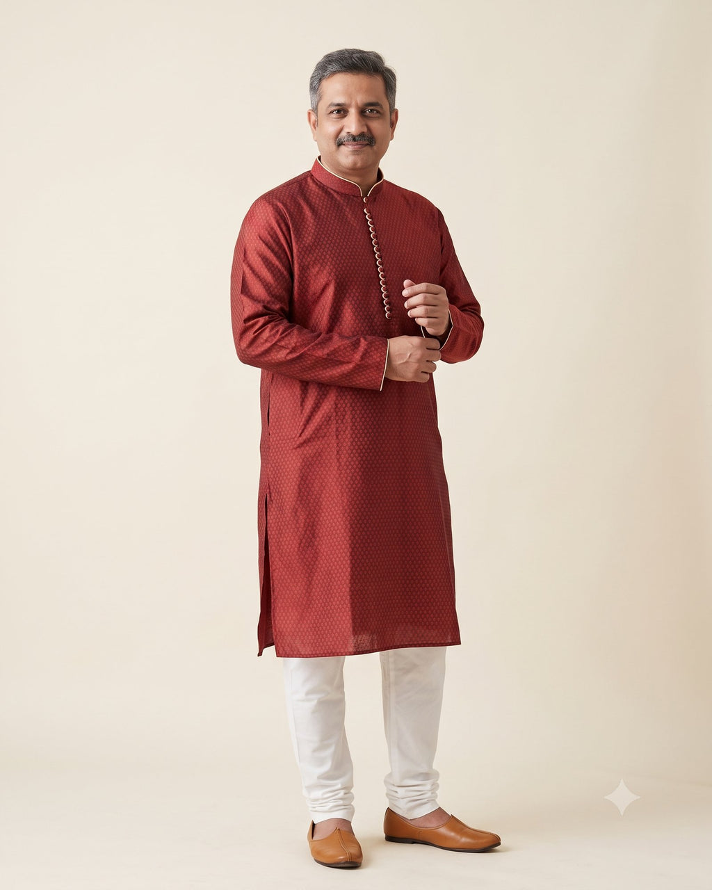 Maroon kurta pajama set for men, front view, full length