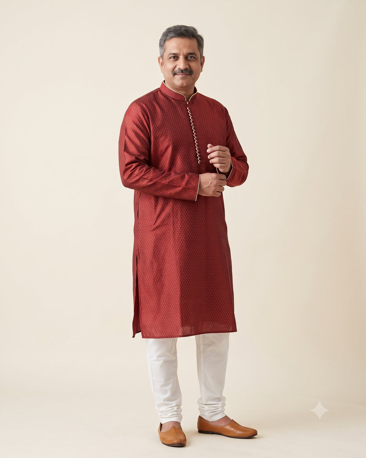 Maroon kurta pajama set for men, front view, full length
