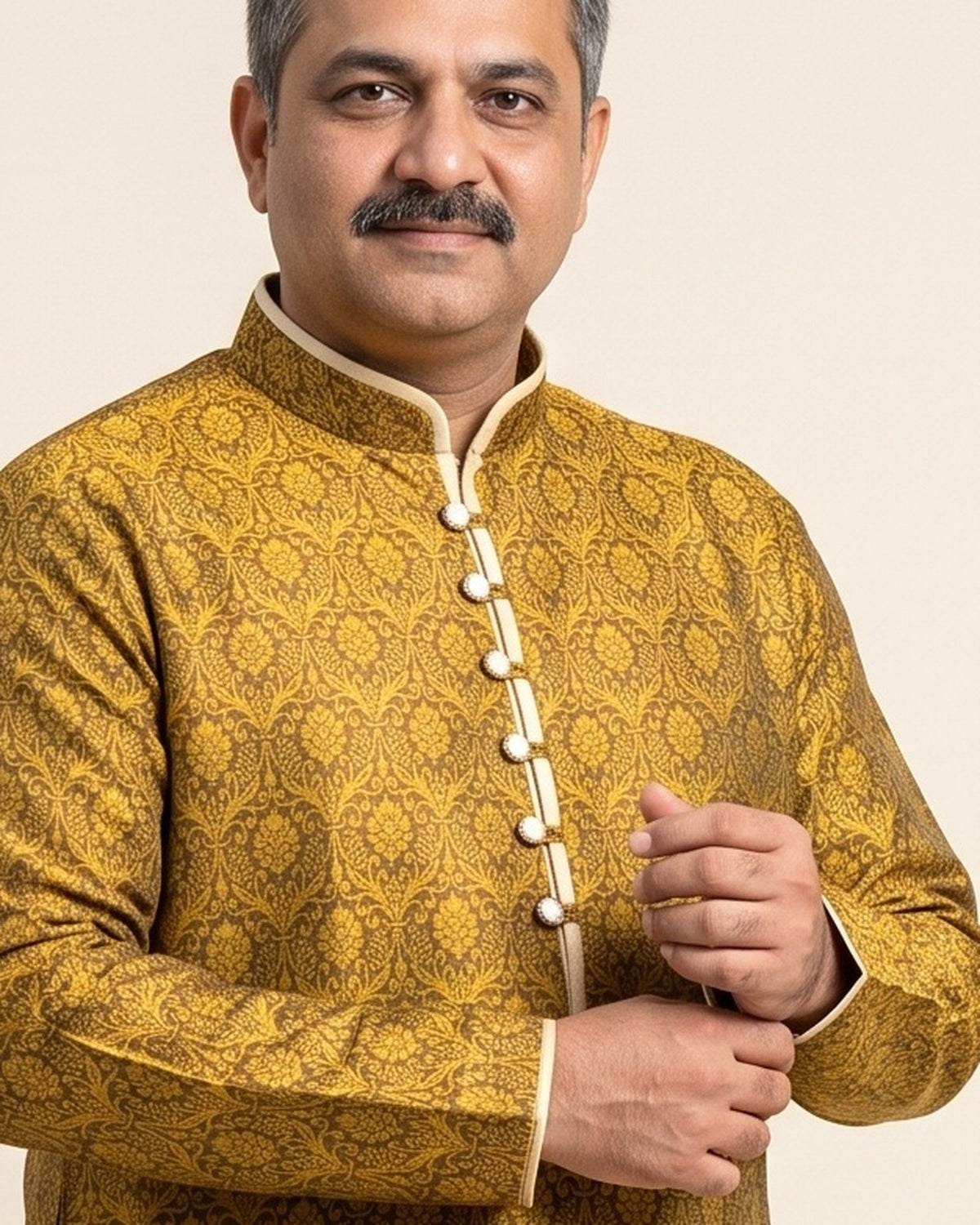 Ochre Gold kurta pajama set for men, collar and placket close-up