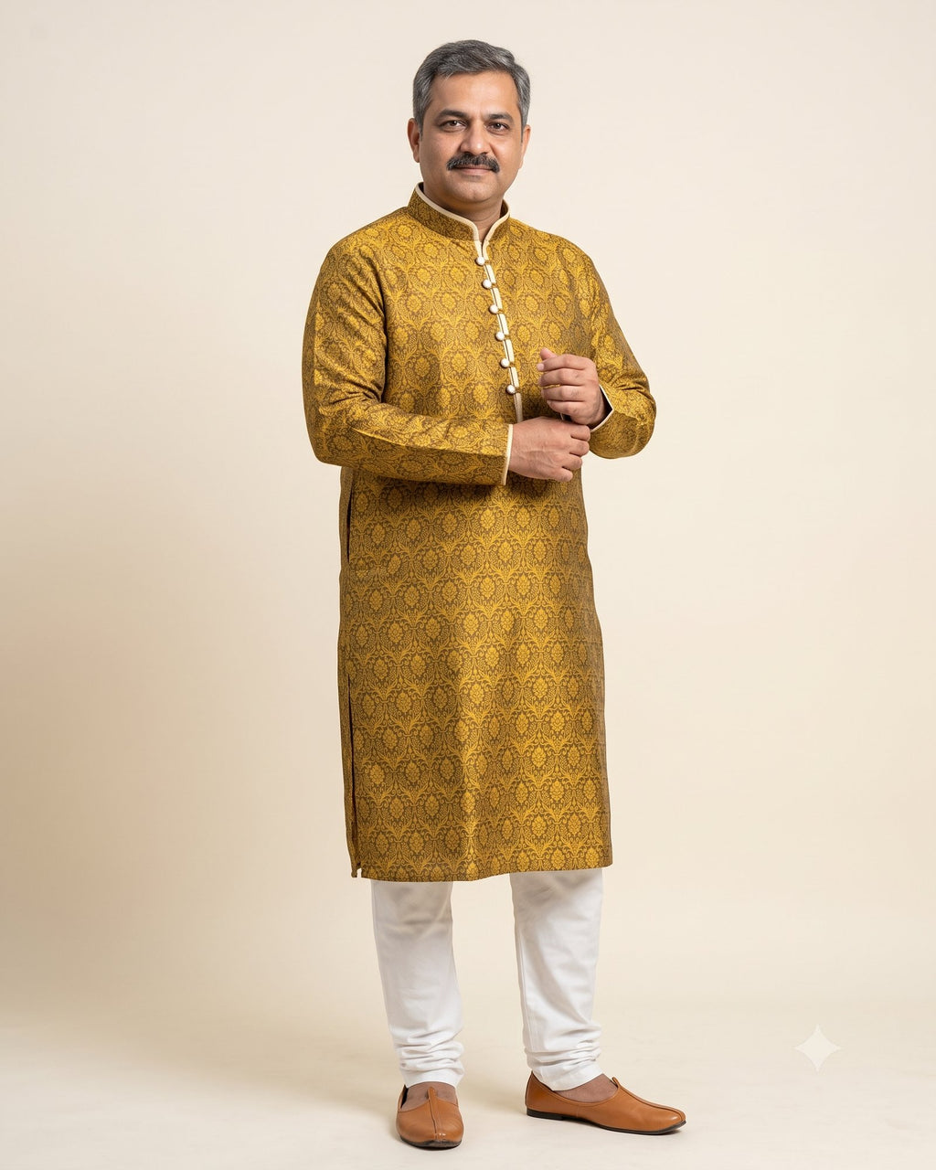 Ochre Gold kurta pajama set for men, front view, full length