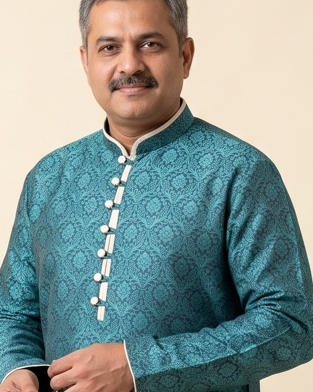 Deep Teal kurta pajama set for men, collar and placket close-up