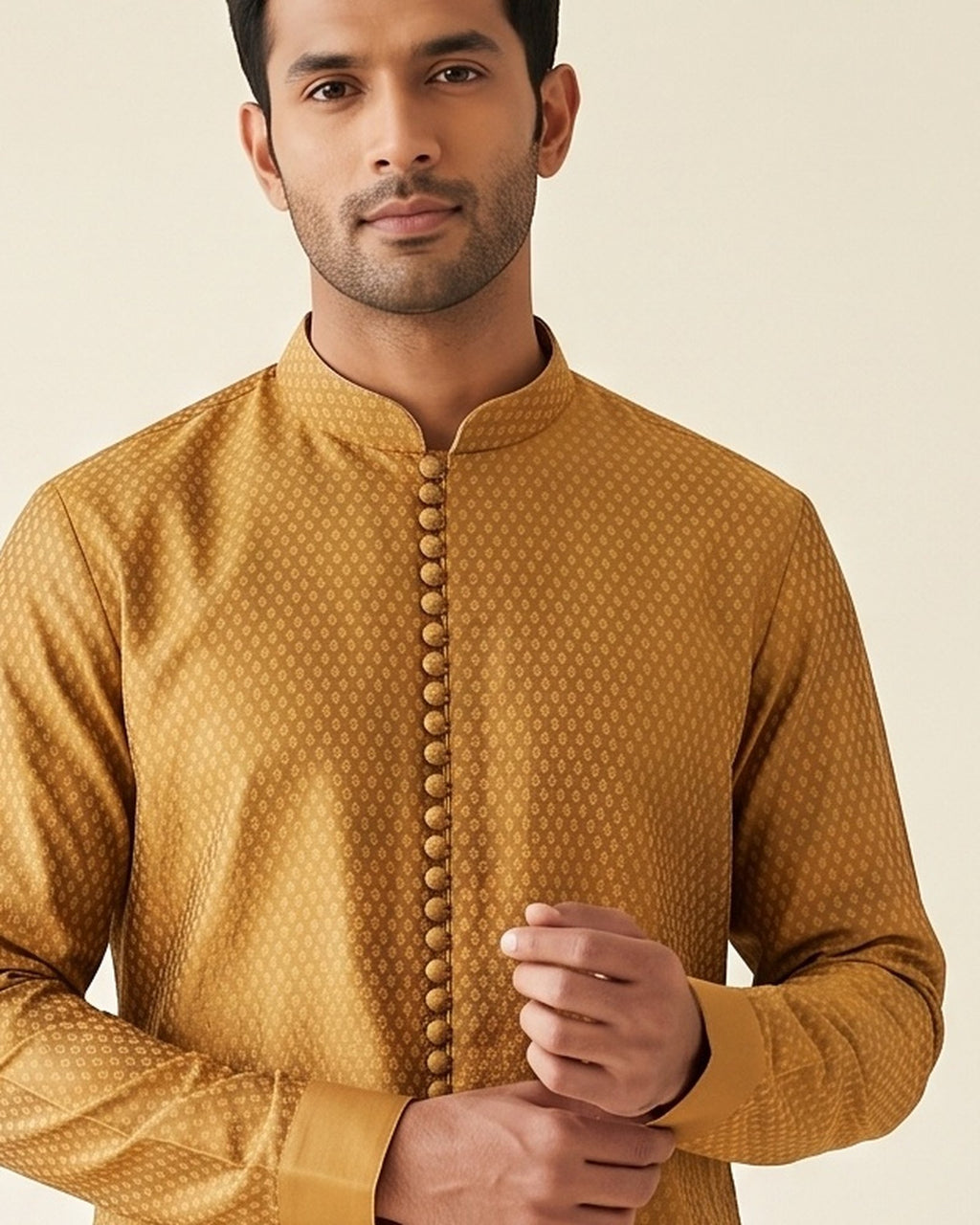 Golden Ochre kurta pajama set for men, collar and placket close-up