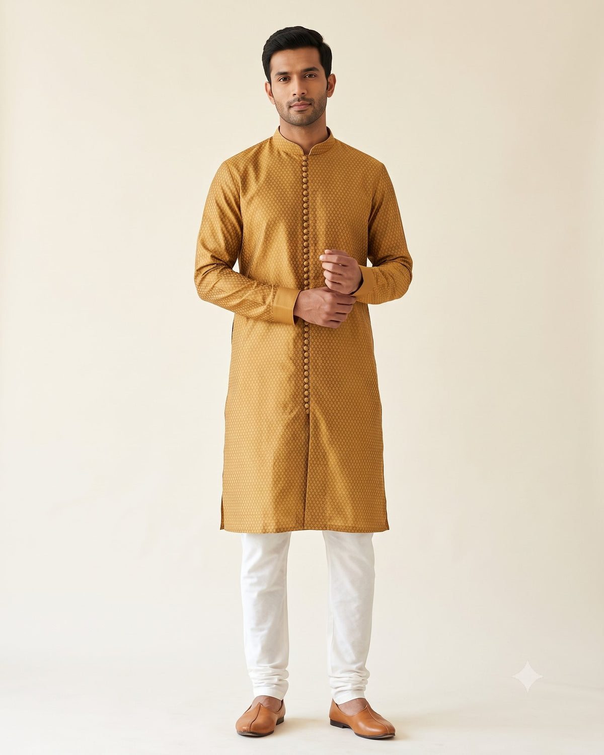 Golden Ochre kurta pajama set for men, front view, full length