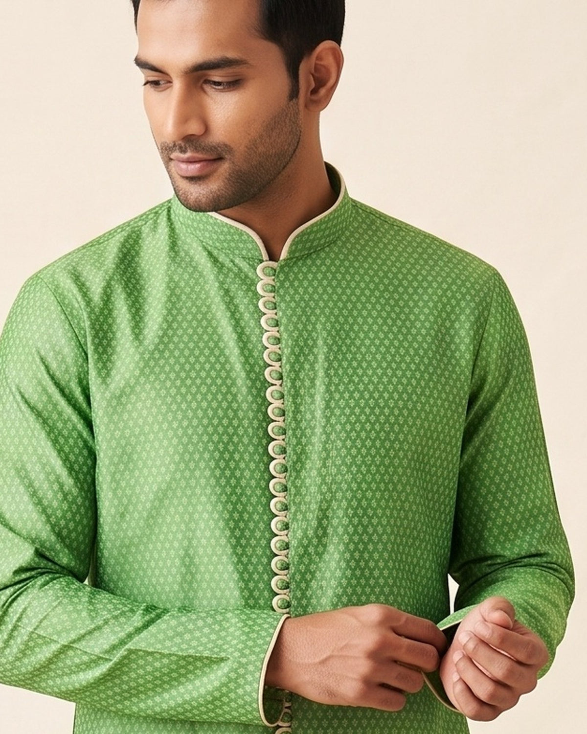 Kelly Green kurta pajama set for men, collar and placket close-up