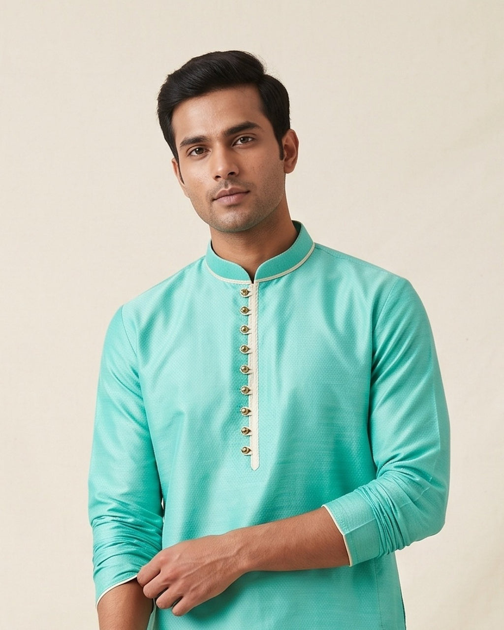 Turquoise Jade kurta pajama set for men, collar and placket close-up