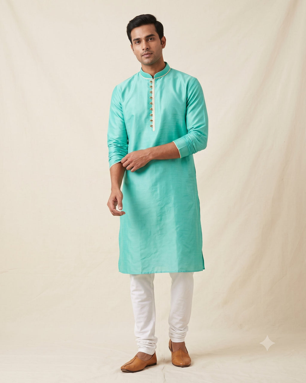 Turquoise Jade kurta pajama set for men, front view, full length