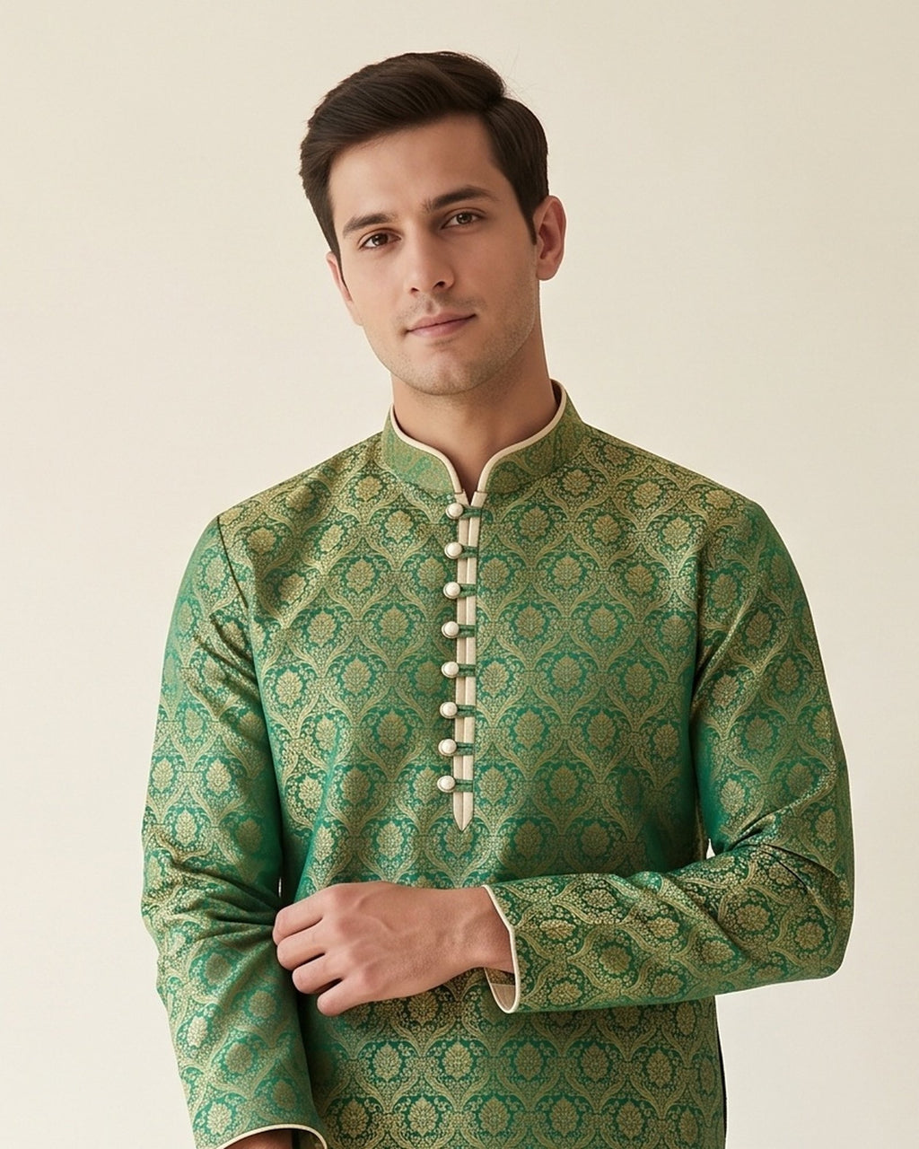 Emerald Gold kurta pajama set for men, collar and placket close-up