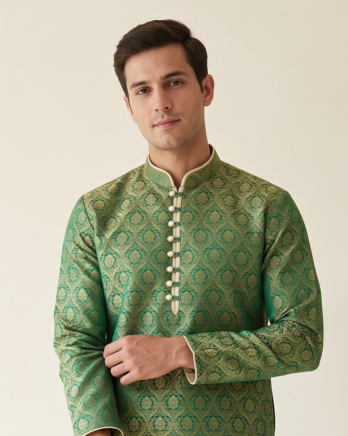 Emerald Gold kurta pajama set for men, collar and placket close-up