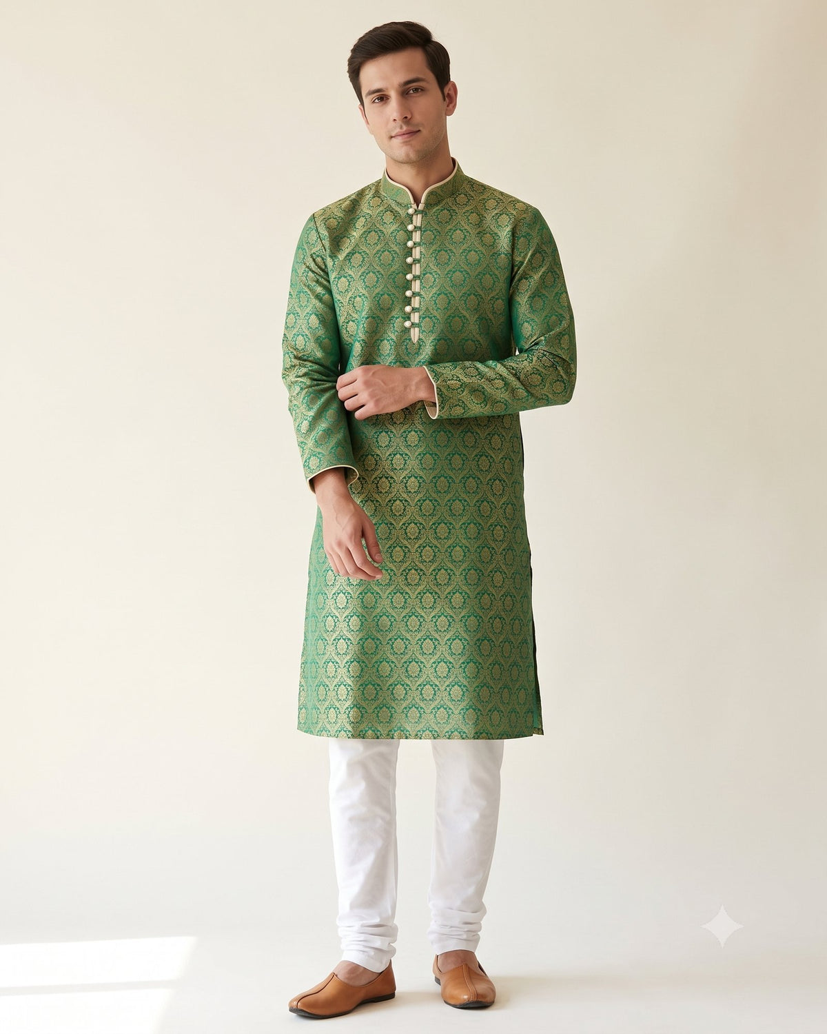 Emerald Gold kurta pajama set for men, front view, full length