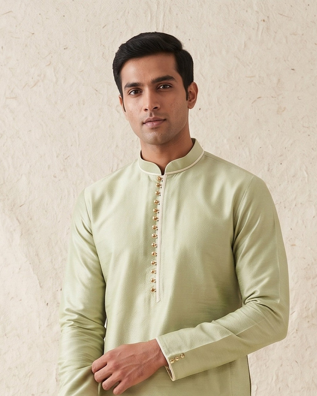 Sage Celadon kurta pajama set for men, collar and placket close-up