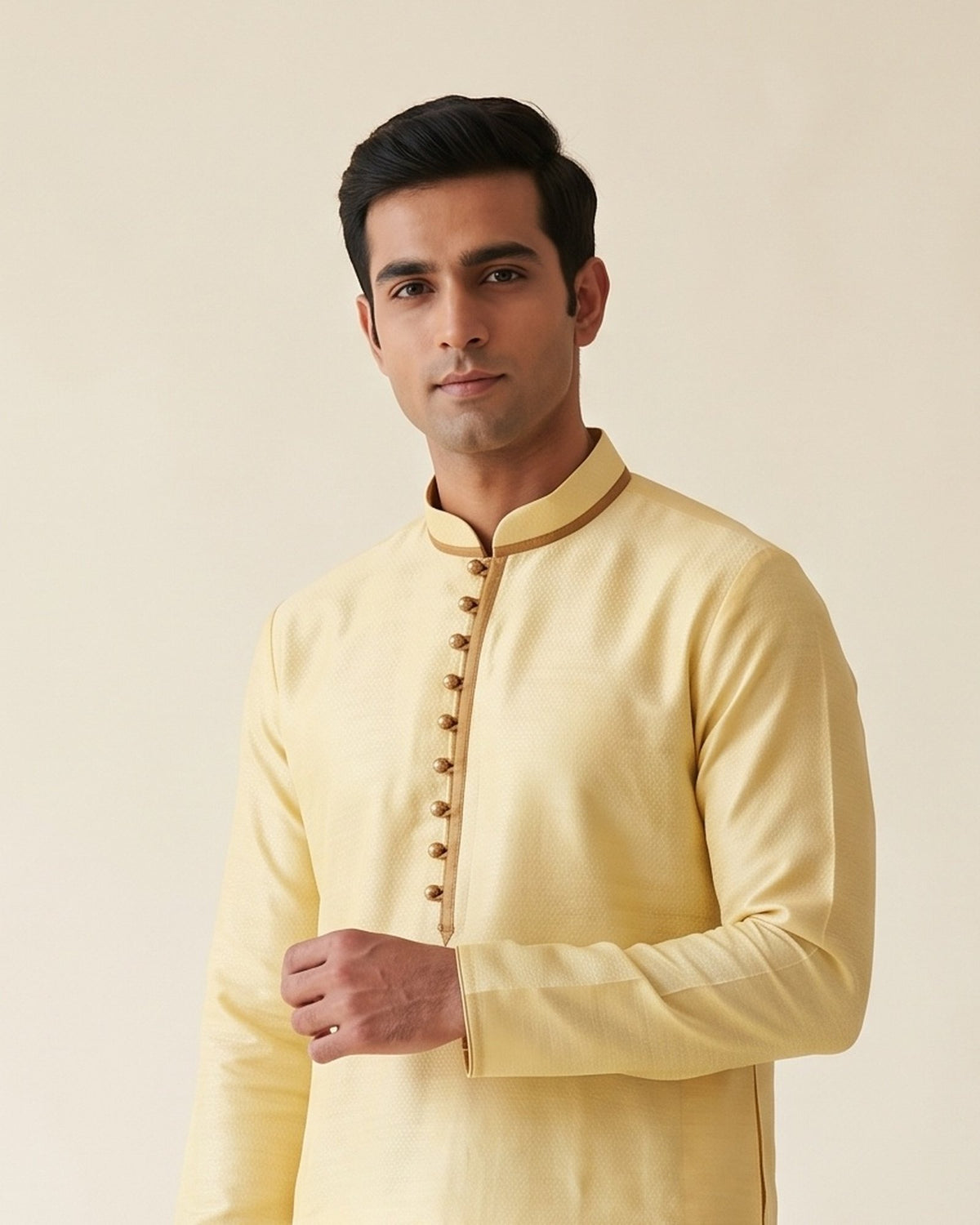 Pale Yellow Butter-Gold kurta pajama set for men, collar and placket close-up