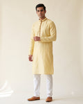 Pale Yellow Butter-Gold kurta pajama set for men, front view, full length