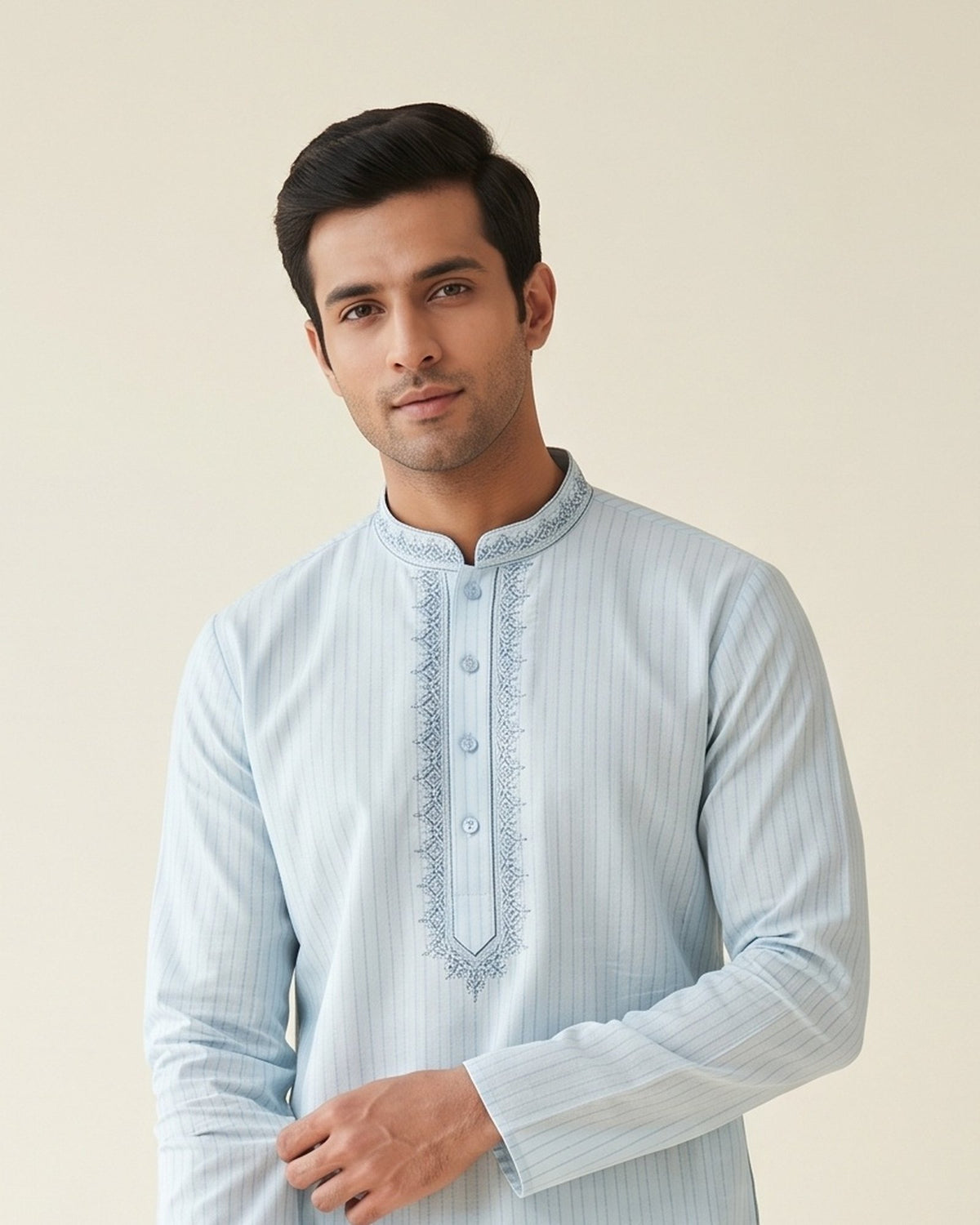 Ice Blue kurta pajama set for men, collar and placket close-up