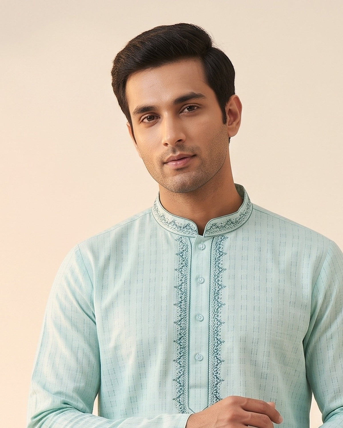 Seafoam Mint kurta pajama set for men, collar and placket close-up
